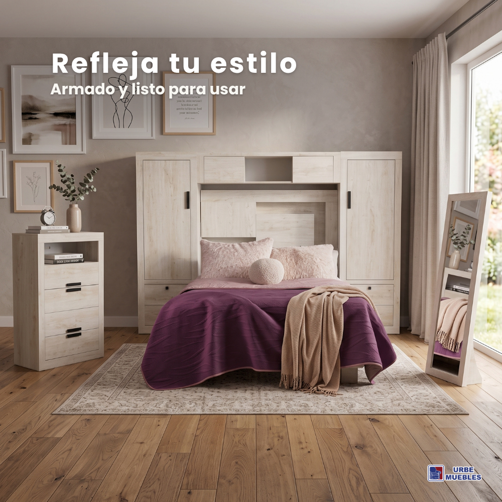 Recámara King Size Finlandia 4 Piezas con Cajonera y Espejo Color Beige