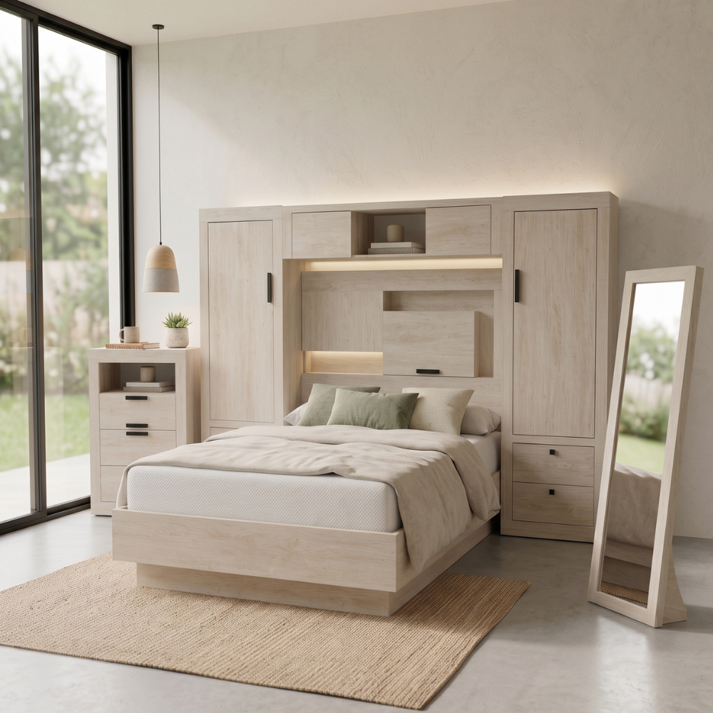 Recámara King Size Finlandia 4 Piezas con Cajonera y Espejo Color Beige