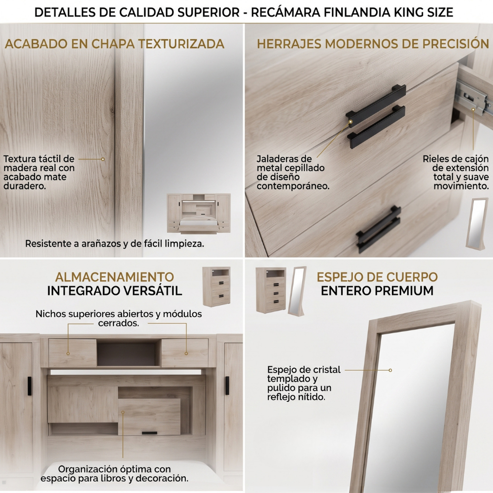 Recámara King Size Finlandia 4 Piezas con Cajonera y Espejo Color Beige