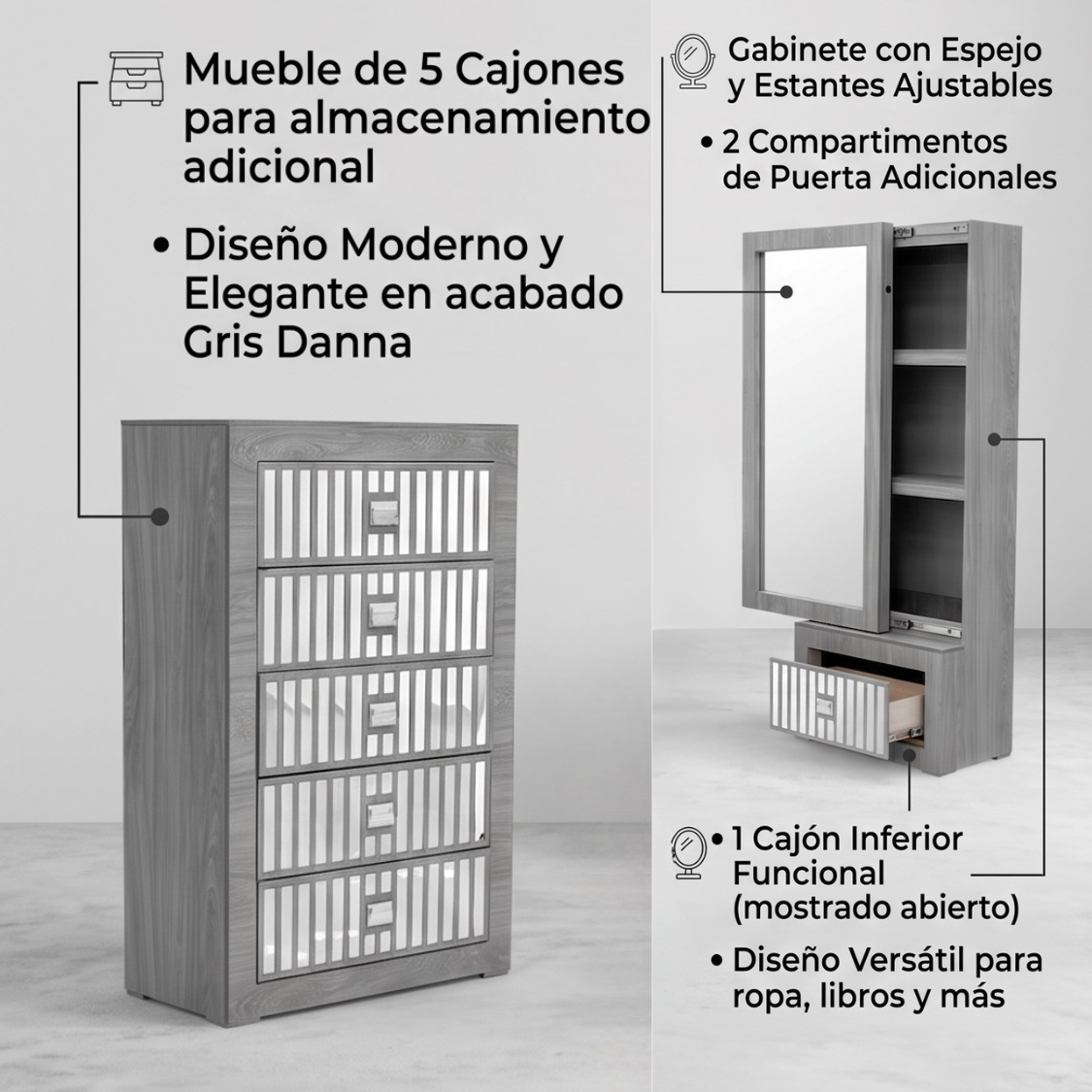 Recámara Completa King Size Ihsan 5 piezas Color Gris 1000023235