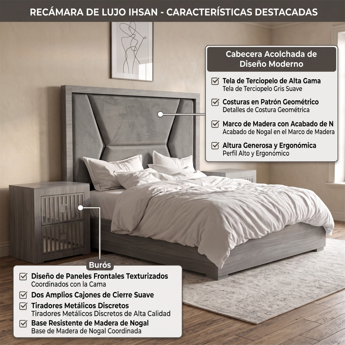 Recámara Completa King Size Ihsan 5 piezas Color Gris 1000023235