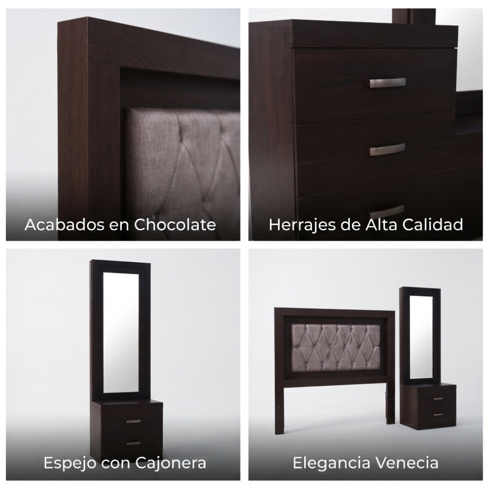 Recámara Matrimonial Venecia 5 pzs Cajonera Con Espejo Color Chocolate