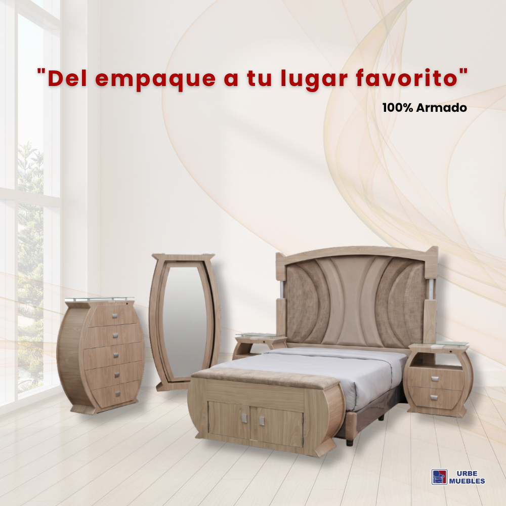Recámara King Size Doga 6pz Cabecera Cómoda Baúl Color Natural