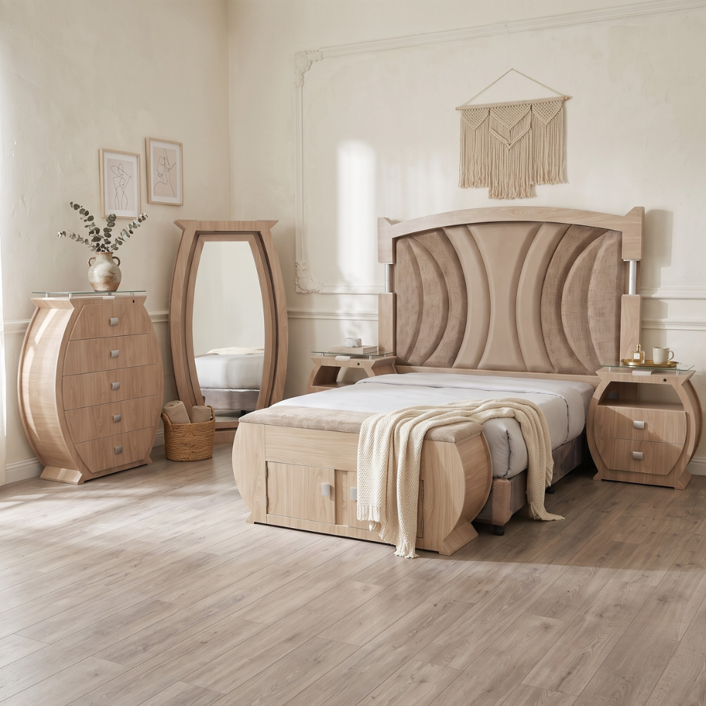 Recámara King Size Doga 6pz Cabecera Cómoda Baúl Color Natural 1000023294