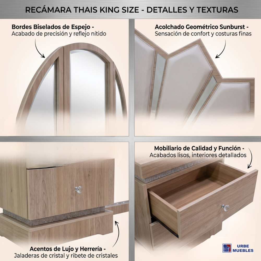 Recámara King Size Thais 6 Piezas Espejo Y 2 Cajoneras Color Naturtal