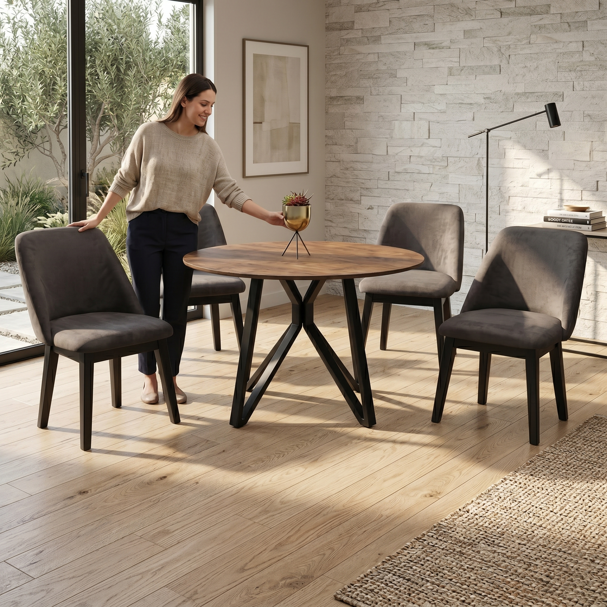 Antecomedor Lawrence 4 Sillas Color Natural Tapizado Café 1000024027