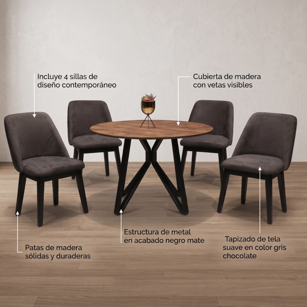 Antecomedor Lawrence 4 Sillas Color Natural Tapizado Café