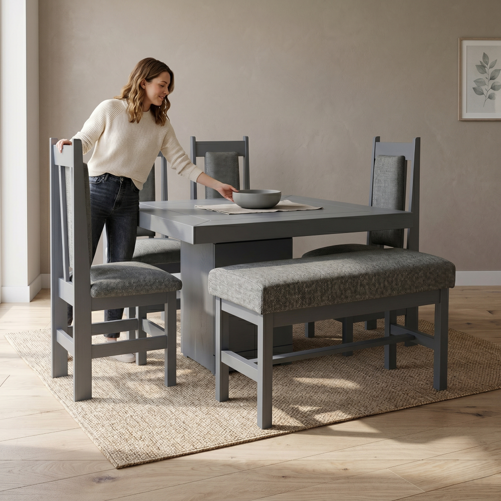 Antecomedor Diagonal 4 Sillas Y 1 Banca Tapizado Colo Gris 1000024043G