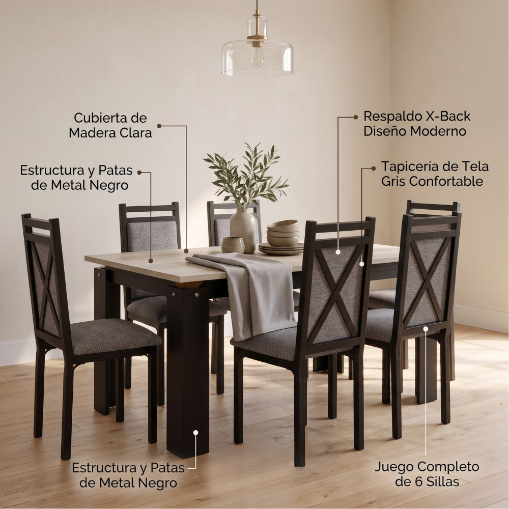Comedor Gisela con 6 Sillas Tapizadas Color Gris