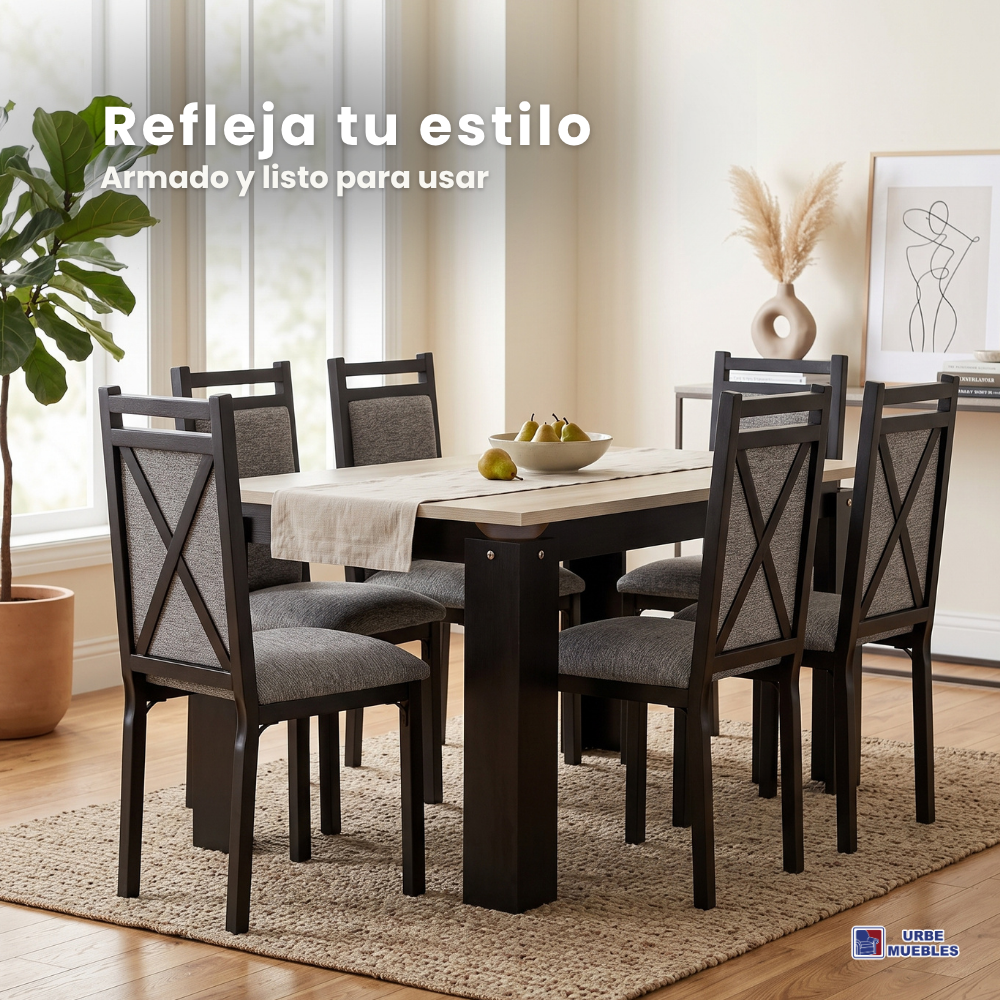 Comedor Gisela con 6 Sillas Tapizadas Color Gris