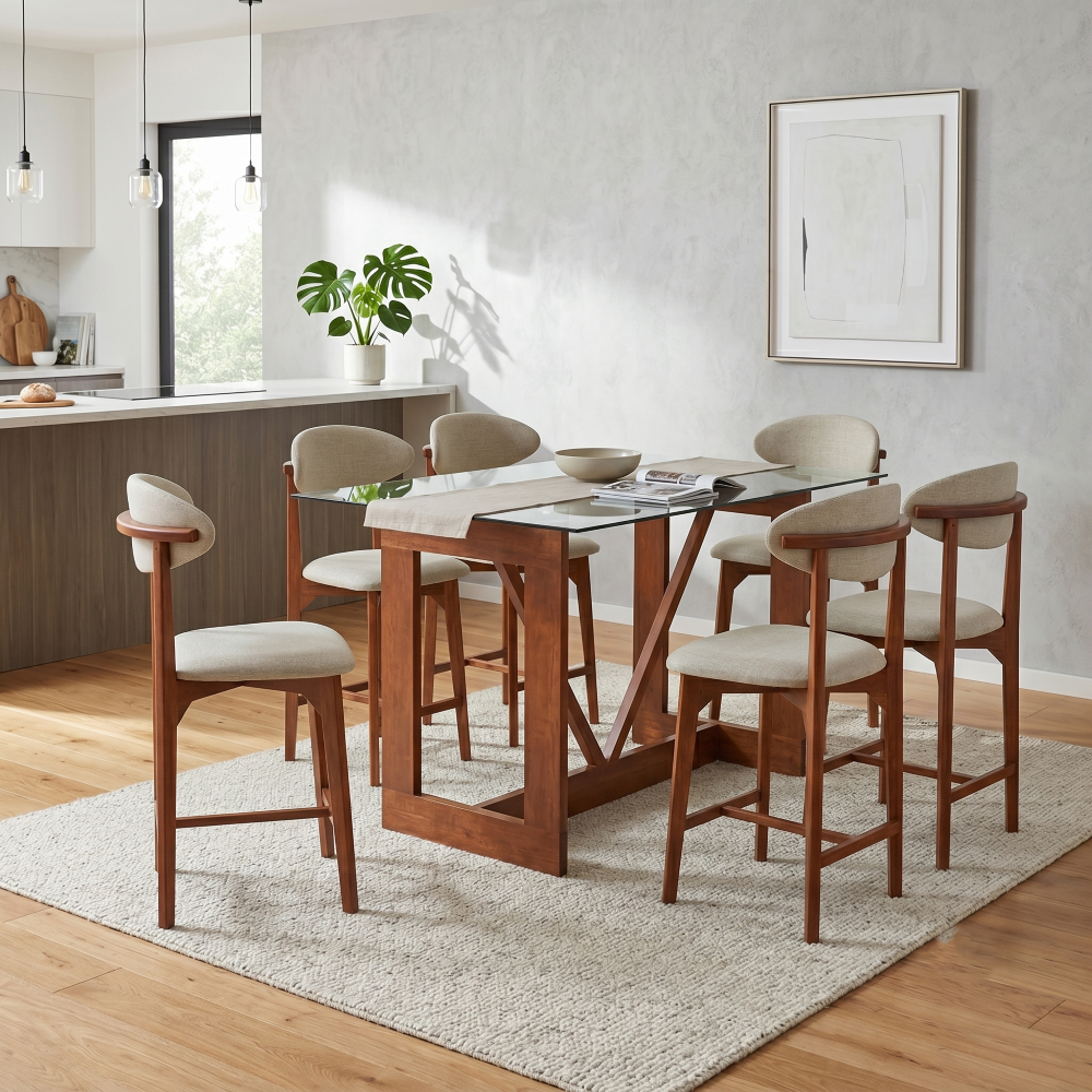 Antecomedor 6 sillas Tapizadas Cubierta Cristal Boylis Color Beige 1000024191