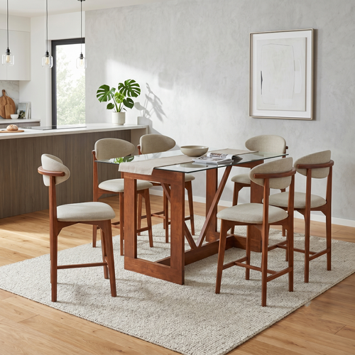 Antecomedor 6 sillas Tapizadas Cubierta Cristal Boylis Color Beige 1000024191